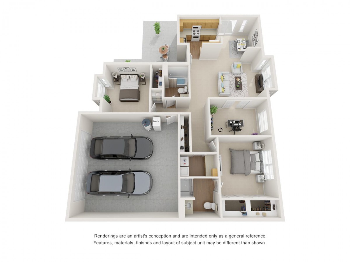 A 3D floor plan depicting a house layout with two bedrooms, a living room, kitchen, and garage.