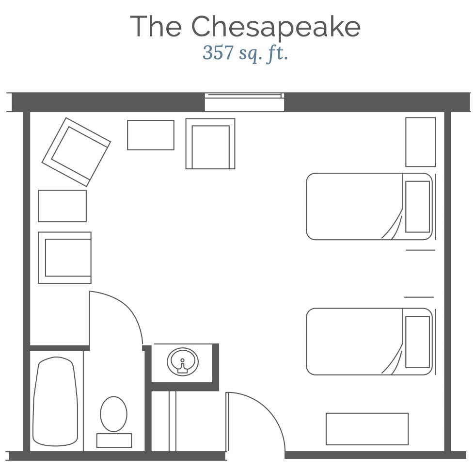 Floor plan of 'The Chesapeake' featuring a bedroom with two beds and a bathroom.