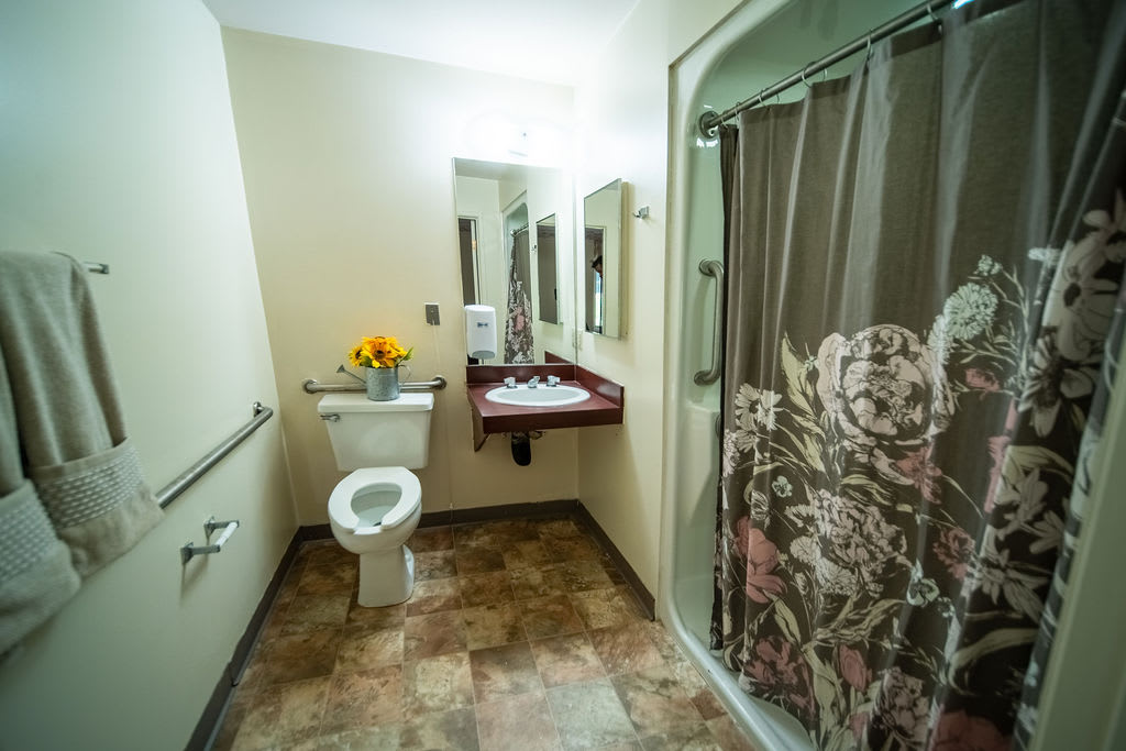 A well-lit bathroom featuring a toilet, sink with a mirror, and a shower with a floral curtain.