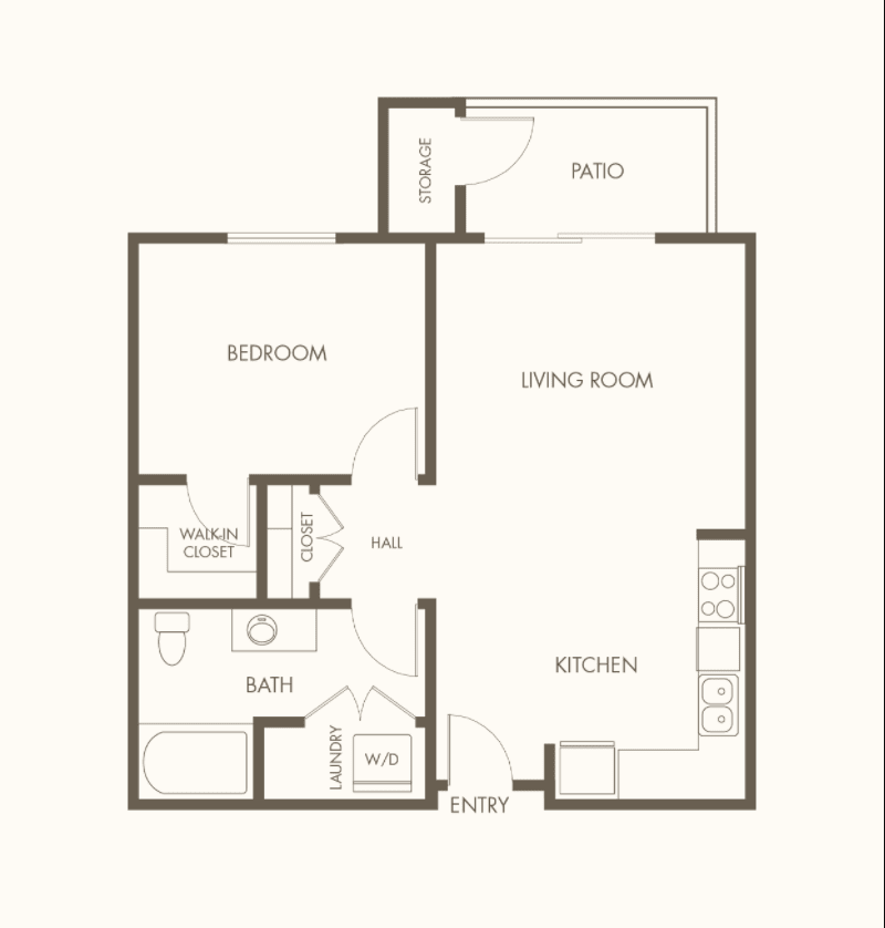 A simple floor plan of a one-bedroom apartment with designated areas for living, dining, kitchen, and bathroom.