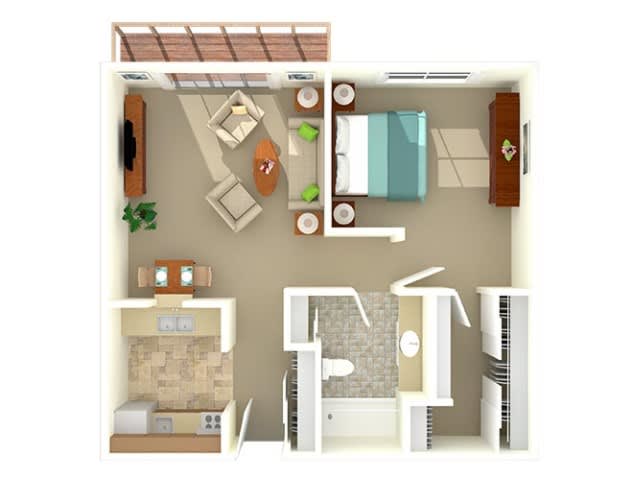 A top-down view of a one-bedroom apartment floor plan, featuring a living room, kitchen, and bathroom.