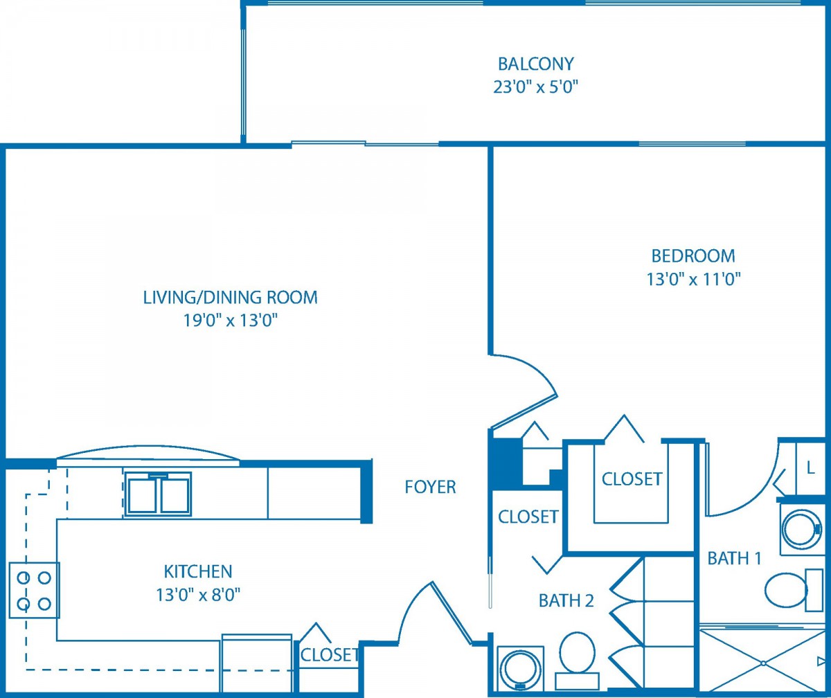 A detailed floor plan of a single-bedroom apartment with labeled areas for the living room, kitchen, bedroom, bathroom, closets, and balcony.