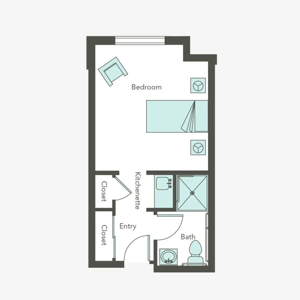 A floor plan of a compact studio apartment featuring a bedroom area, bathroom, kitchenette, and closet.