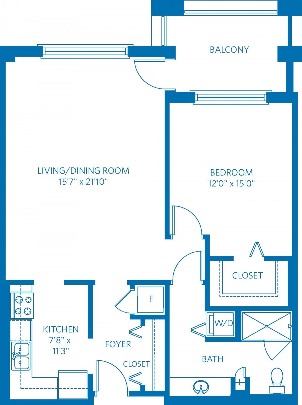 One-bedroom apartment floor plan with living room, kitchen, and bathroom.