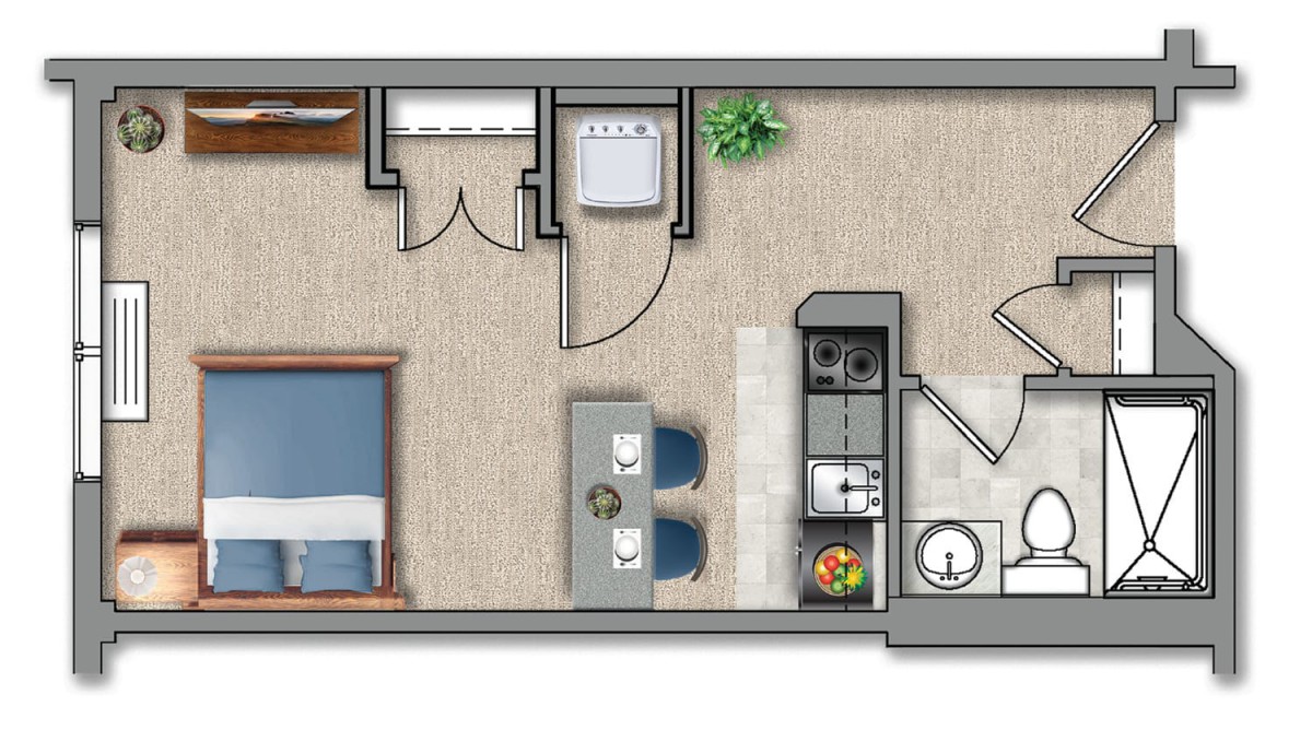 A detailed floor plan of a one-bedroom apartment featuring a kitchen, living area, bedroom, and bathroom.