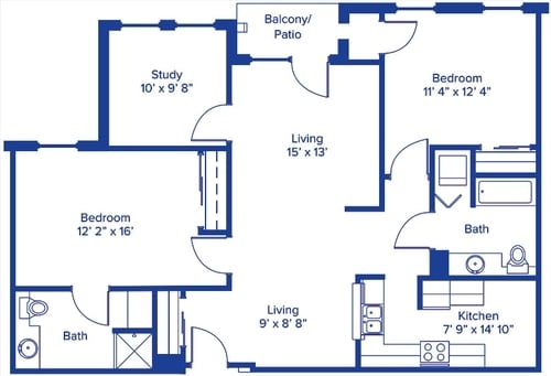 A detailed floor plan of an apartment featuring a living room, bedroom, study, and kitchen.