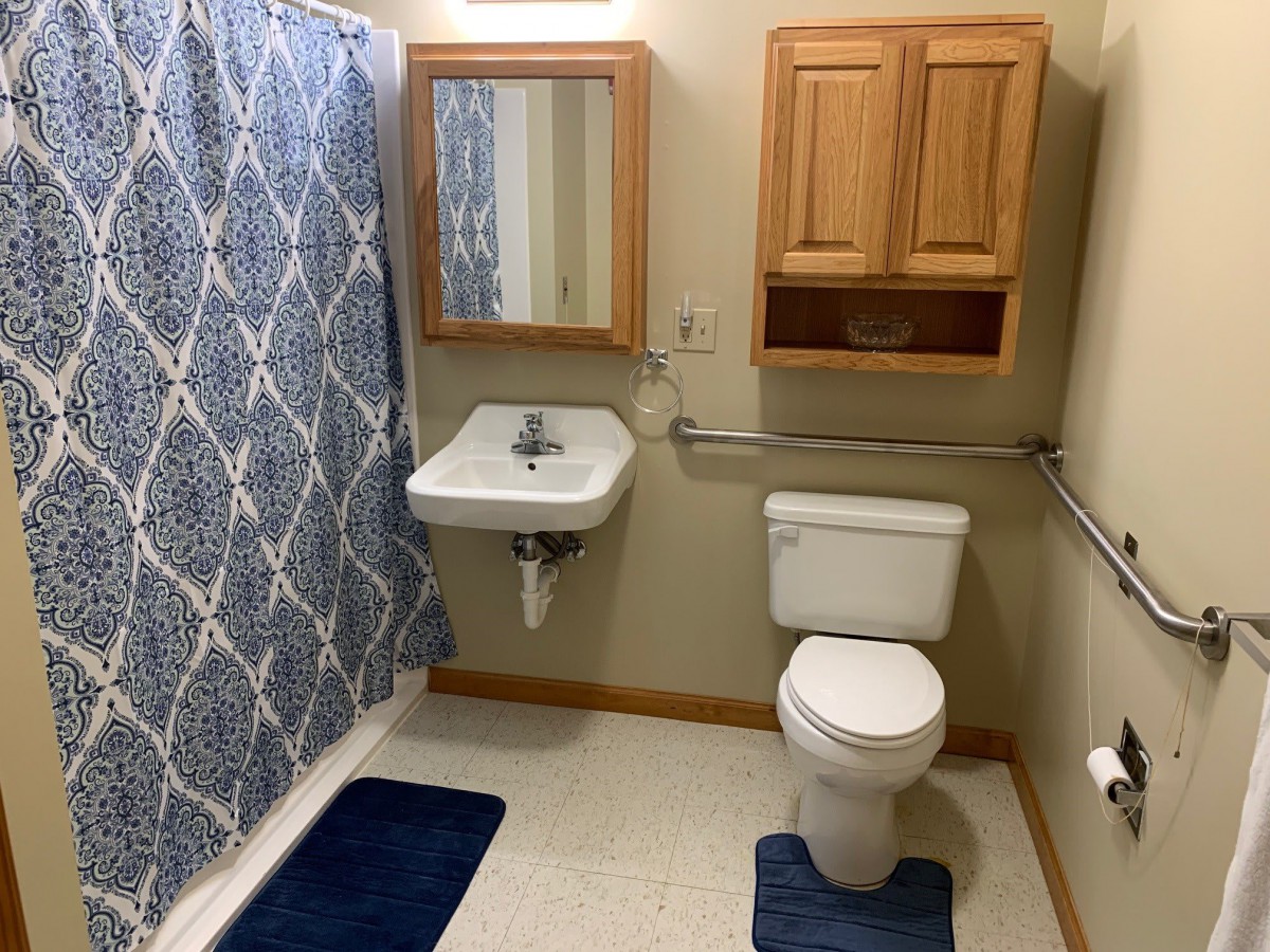 A compact bathroom with a sink, toilet, and shower area, featuring blue mats and a patterned shower curtain.