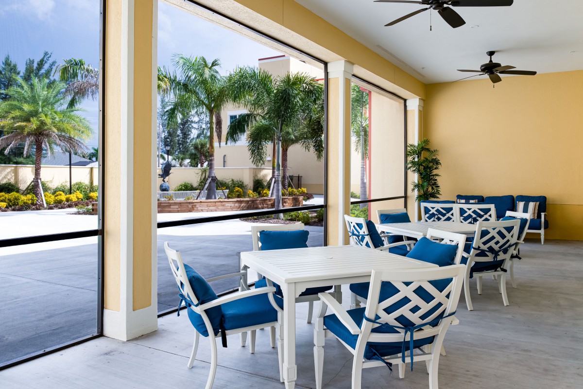 A bright patio with blue and white chairs offering a relaxing view of palm trees.