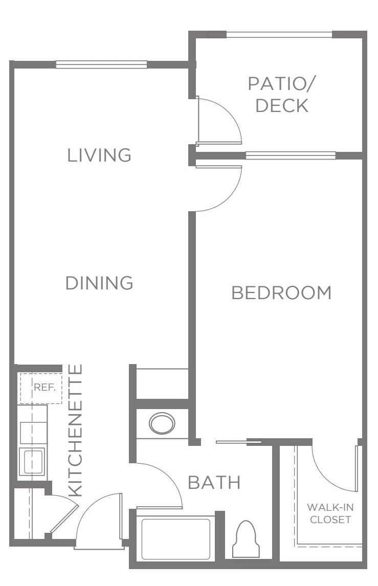 A floor plan of a one-bedroom apartment featuring a living and dining area, kitchenette, bathroom, and deck.