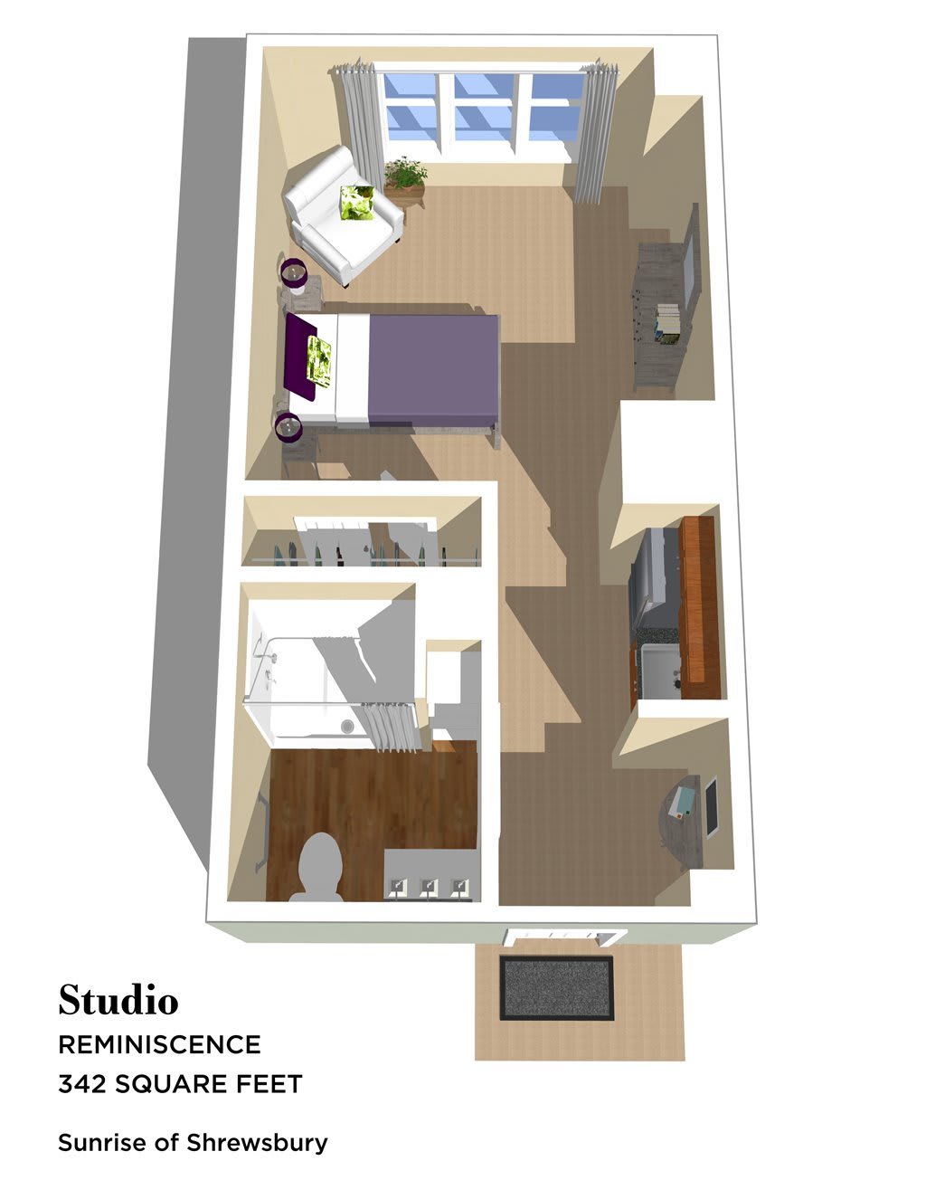 3D floor plan of a studio apartment layout.