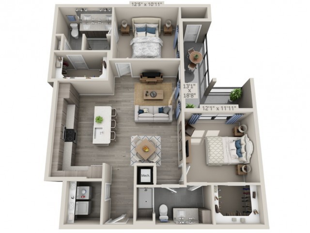 A detailed floor plan of a two-bedroom apartment showcasing the living room, kitchen, and bathroom areas.