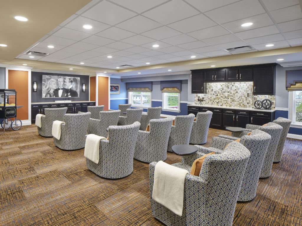 A modern lounge area with comfortable seating and a cozy atmosphere.