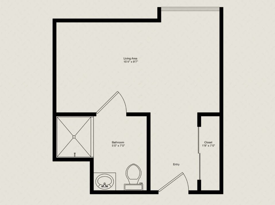 A floor plan layout showing a room with an attached bathroom.