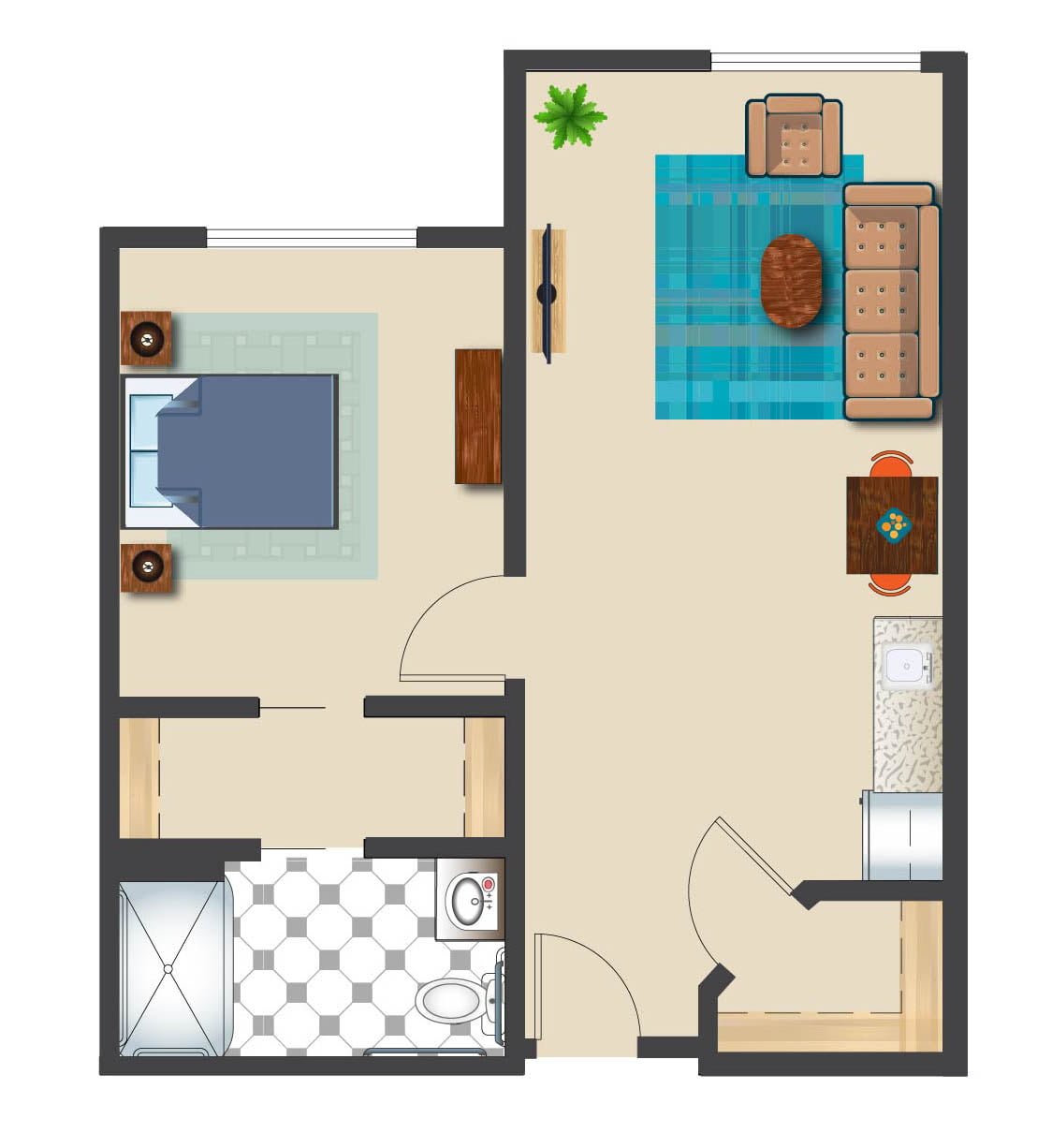 A simple floor plan of a one-bedroom apartment featuring a living room, bedroom, and bathroom.