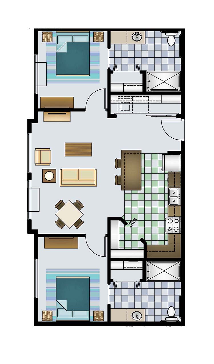 A detailed floor plan of an apartment showing the layout of the living room, kitchen, and furniture arrangement.