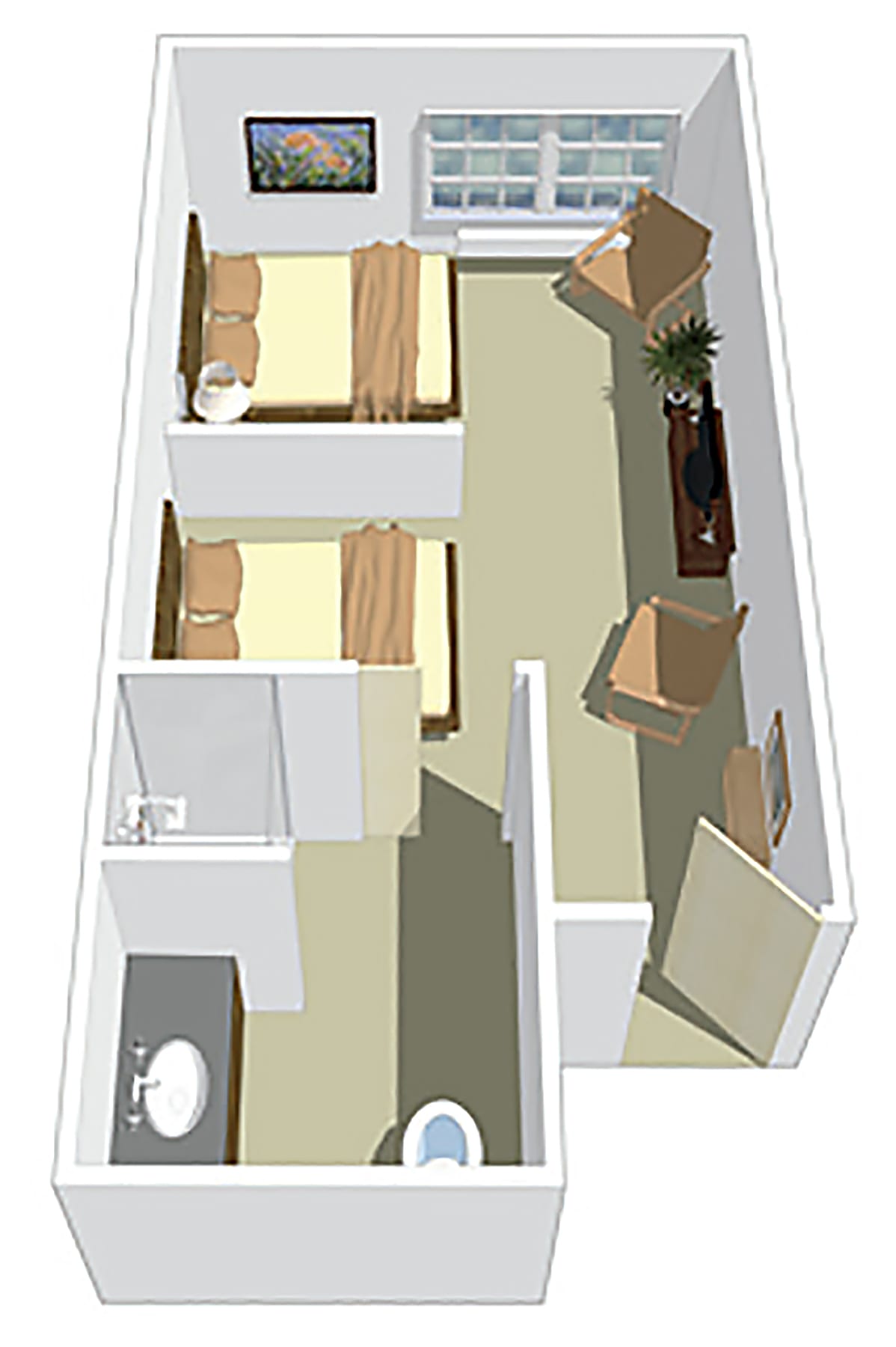 3D floor plan of an apartment with bedrooms, a bathroom, and a living area.