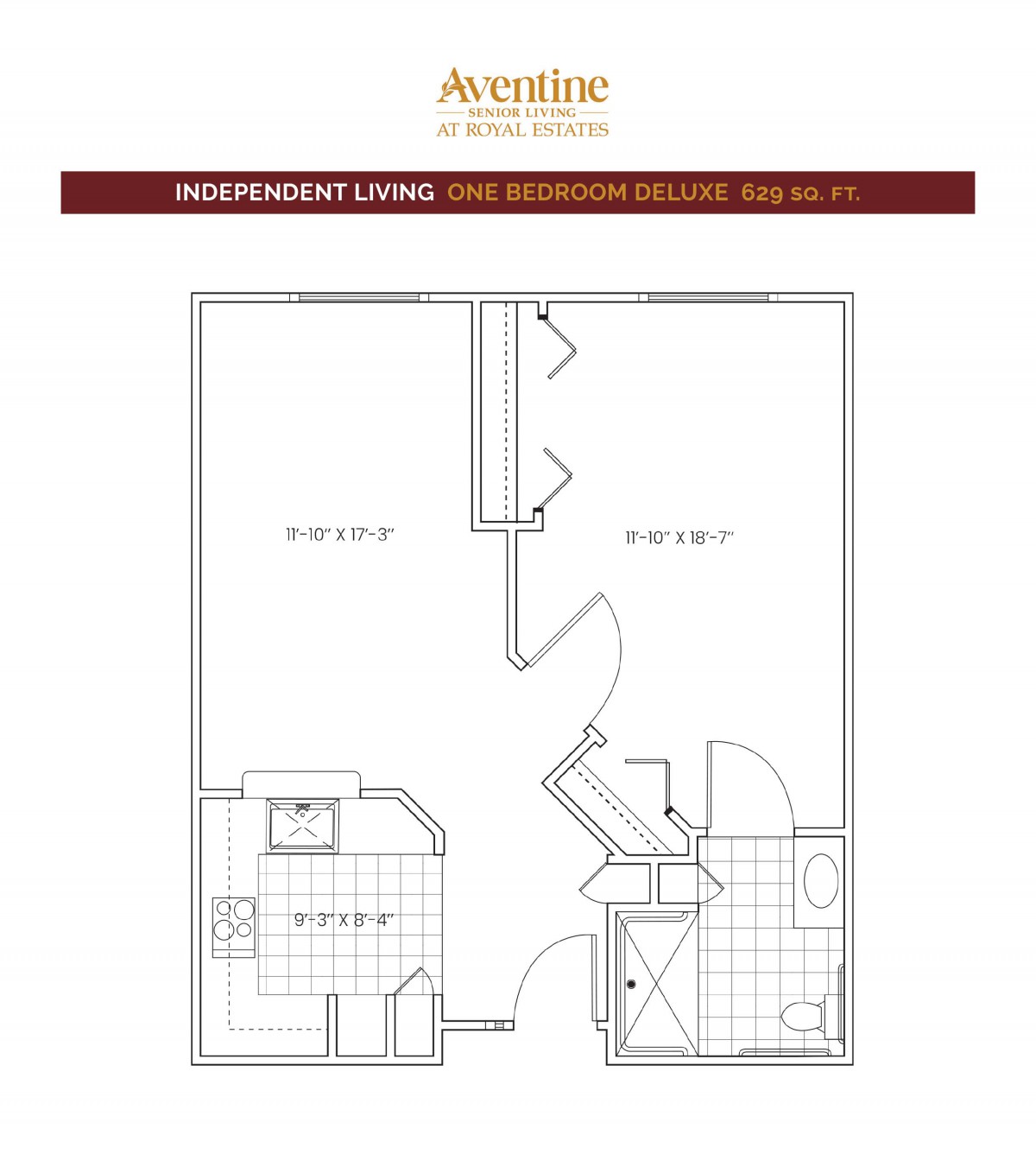 Floor plan of a one-bedroom independent living apartment, showing kitchen and bathroom layouts.