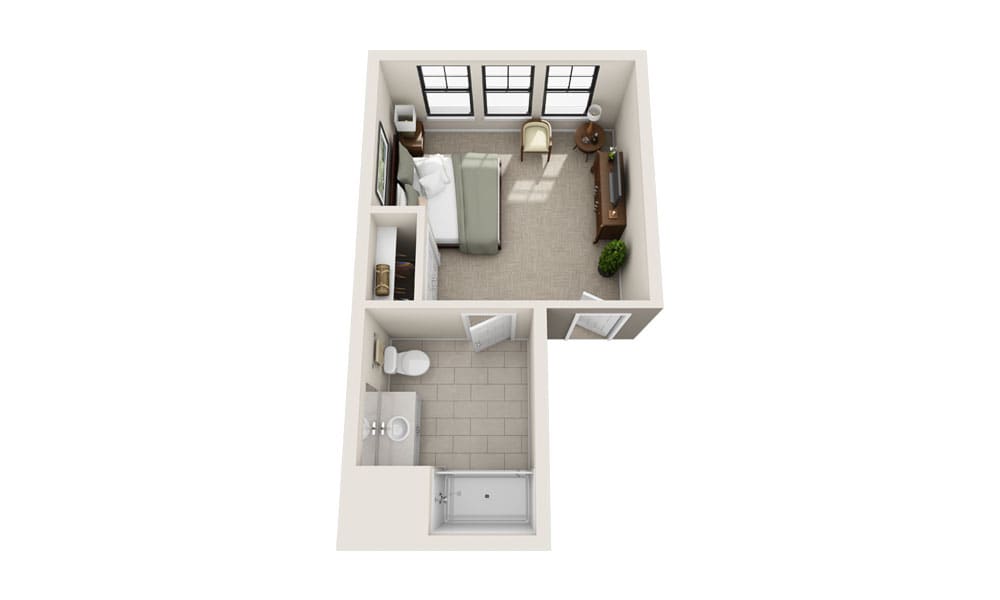 A 3D rendering of a studio apartment floor plan with a bed, desk, and bathroom.