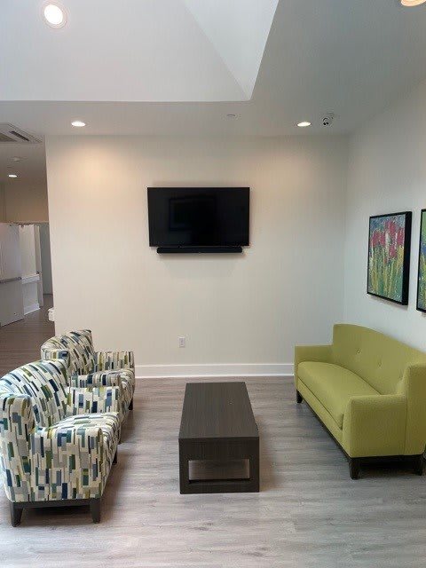 A modern living room with a green sofa, patterned armchairs, and a wall-mounted television.