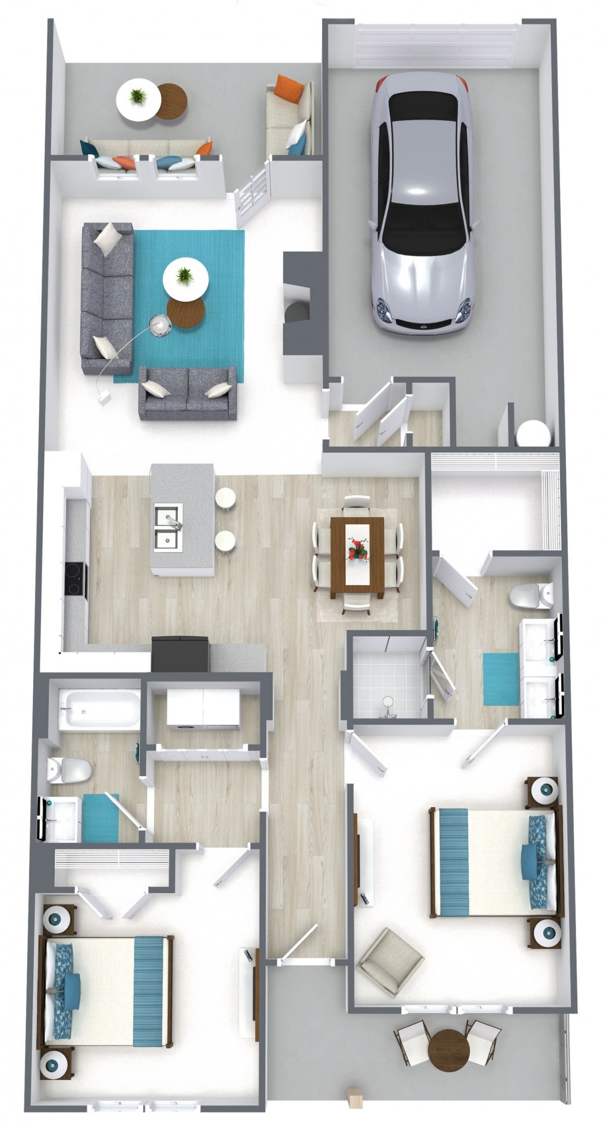 A 3D floor plan showcasing a modern residential layout with an open concept living and dining area, two bedrooms, a bathroom, and a garage.