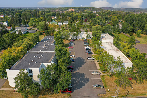 Aerial view of a parking lot surrounded by buildings and trees, showcasing an urban landscape.