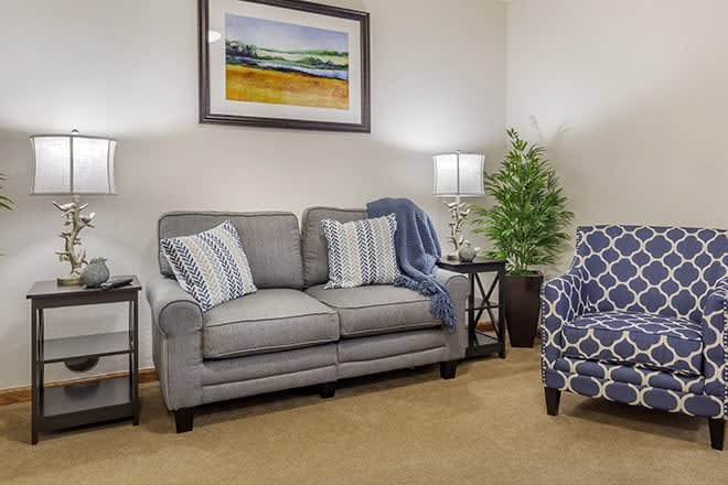 A cozy living room with a gray sofa, patterned armchair, decorative pillows, and wall art.