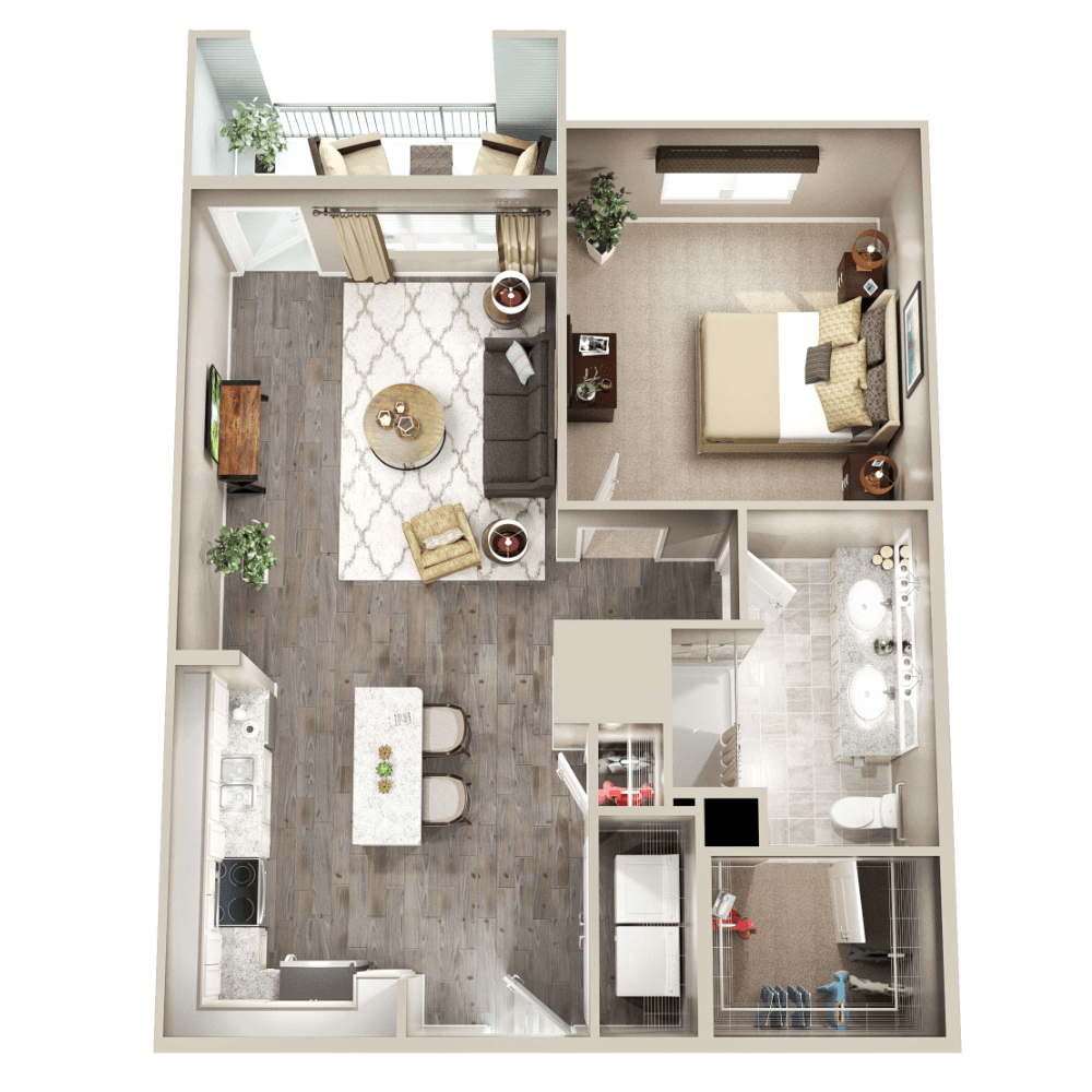 A top-down view of a one-bedroom apartment floor plan featuring a living room, kitchen, bathroom, and bedroom.