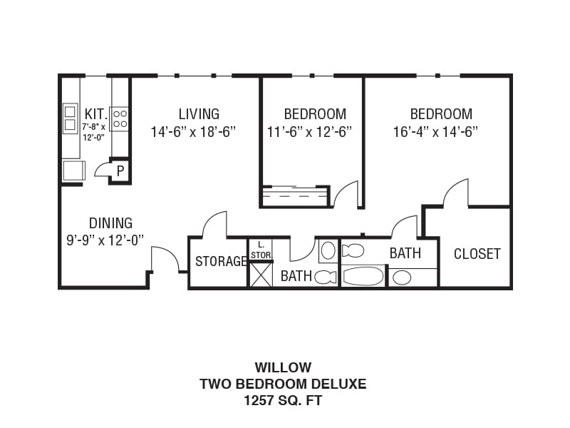Floor plan of a two-bedroom deluxe apartment with a living room, kitchen, dining area, bathroom, and storage space.