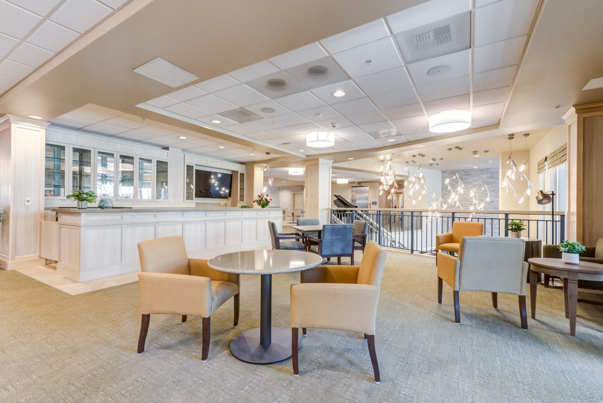 A modern lobby area with comfortable seating and elegant interior design.