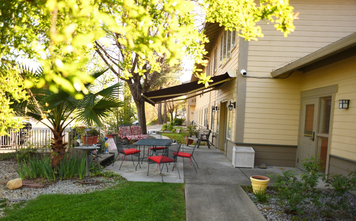 A sunlit patio area with tables and chairs next to a building, surrounded by trees and greenery.