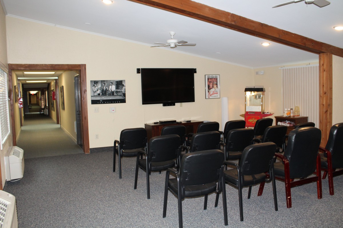 A home theater setup with rows of chairs facing a large screen.