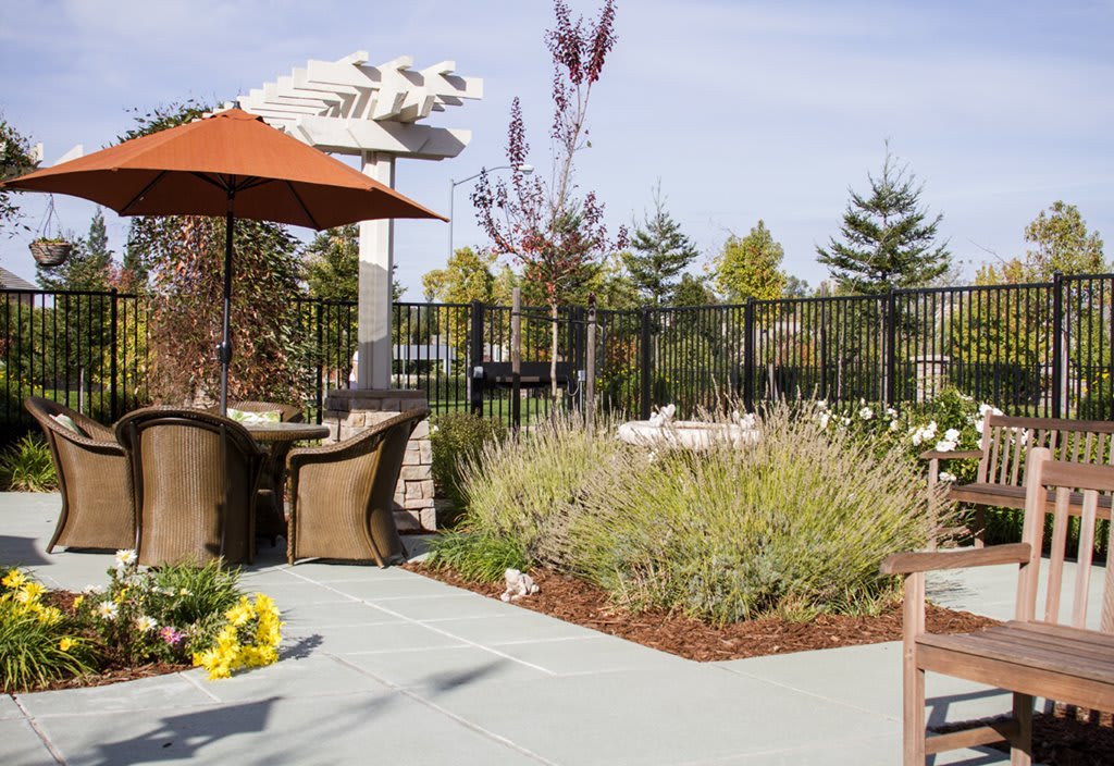A landscaped patio area featuring outdoor furniture, an umbrella, and a variety of plants.