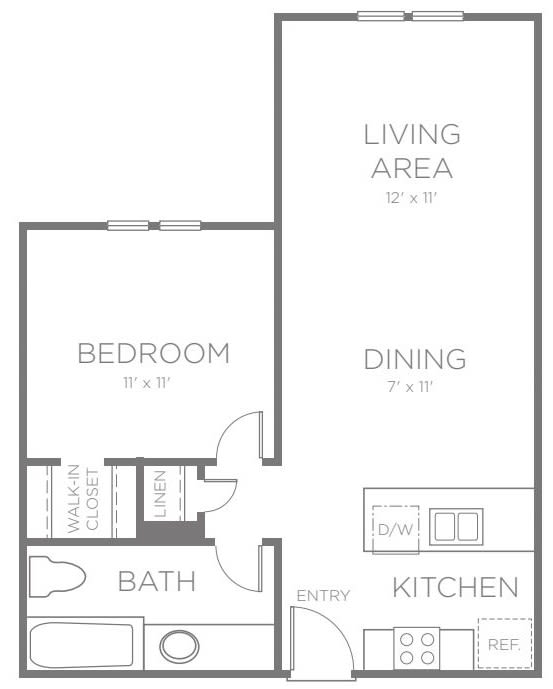 A floor plan of a one-bedroom apartment featuring a living area, dining space, kitchen, and bathroom.