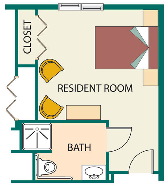 Floor plan of a resident room with bath and closet.