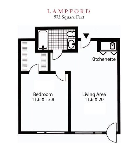 A floor plan of a one-bedroom apartment featuring a living area, kitchenette, bathroom, and bedroom.