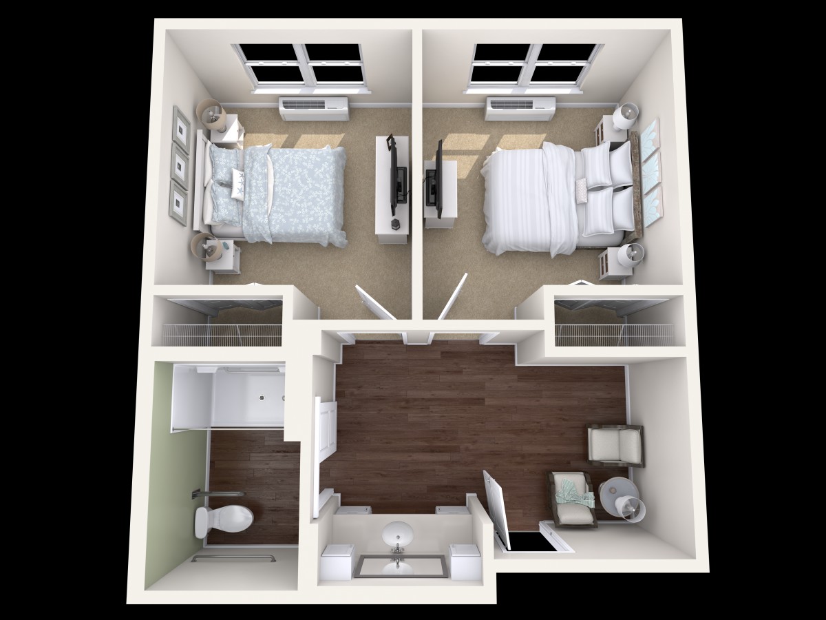 3D floor plan of a two-bedroom apartment with shared living space.