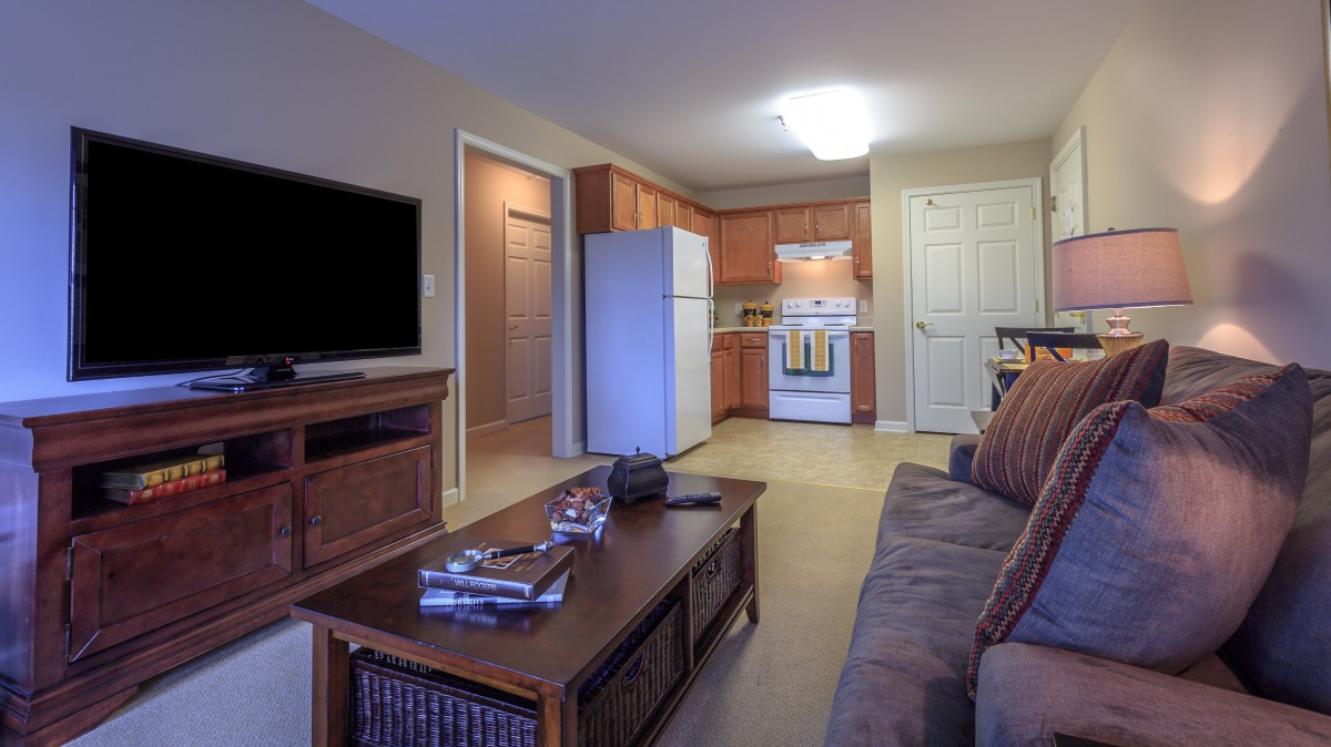 A cozy living room with a view into the kitchen area, featuring a sofa, coffee table, and television.