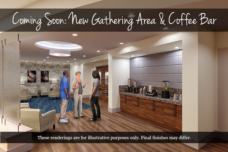 Illustration of a new gathering area with a coffee station, featuring modern interior design and people interacting.