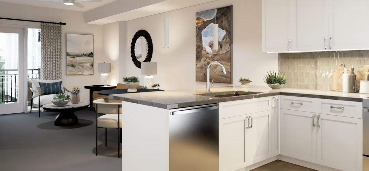 Modern kitchen with sleek countertops and stylish decor.