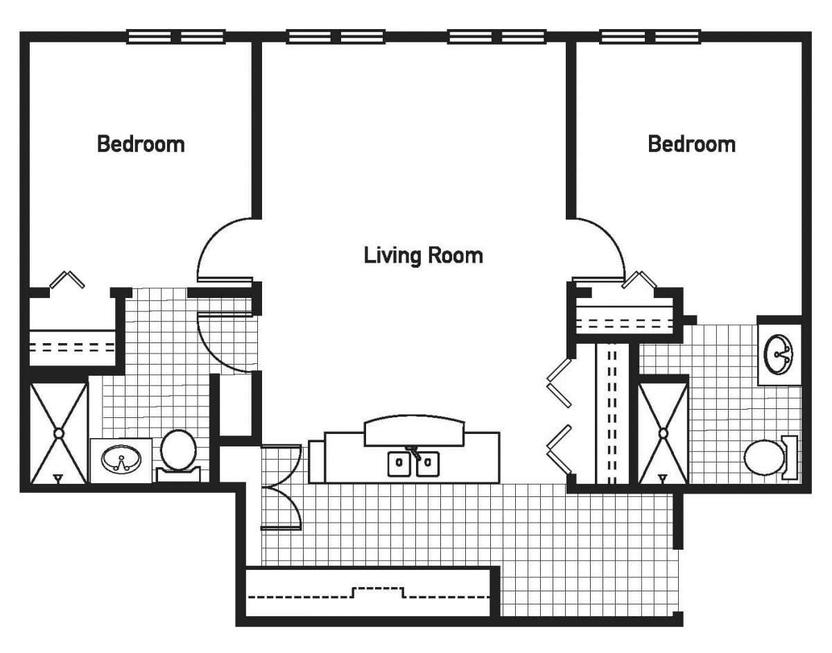 A floor plan of a two-bedroom apartment featuring a central living room, kitchen, and bathrooms.