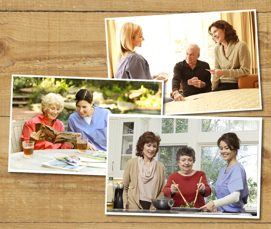 Caregivers engaging with seniors in various activities.
