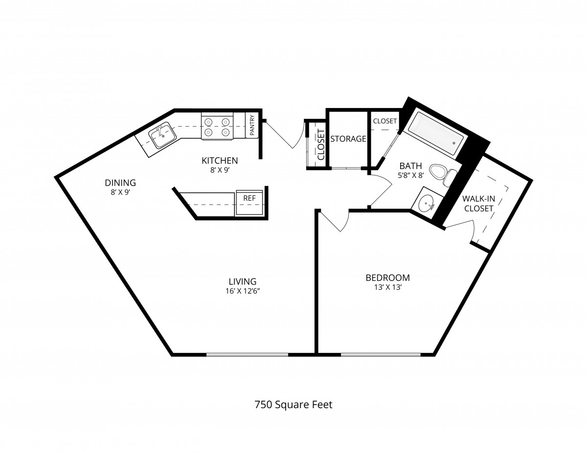 A floor plan of a 706 square foot apartment featuring a living room, kitchen, bathroom, and bedroom.