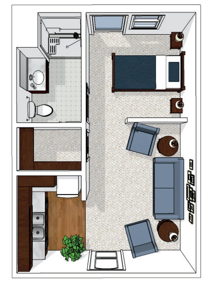 A detailed floor plan of a small apartment featuring a bedroom, living room, kitchen, and bathroom.