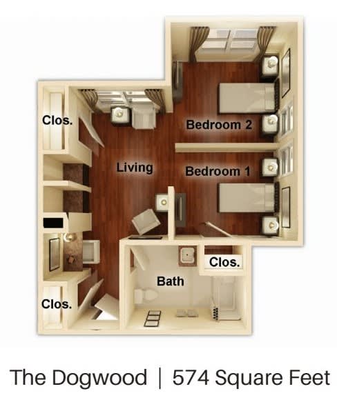 A 3D floor plan of a two-bedroom apartment with a living area, kitchen, bathroom, and multiple closets.