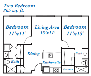A floor plan of a two-bedroom apartment with a living area, kitchenette, and bathrooms.