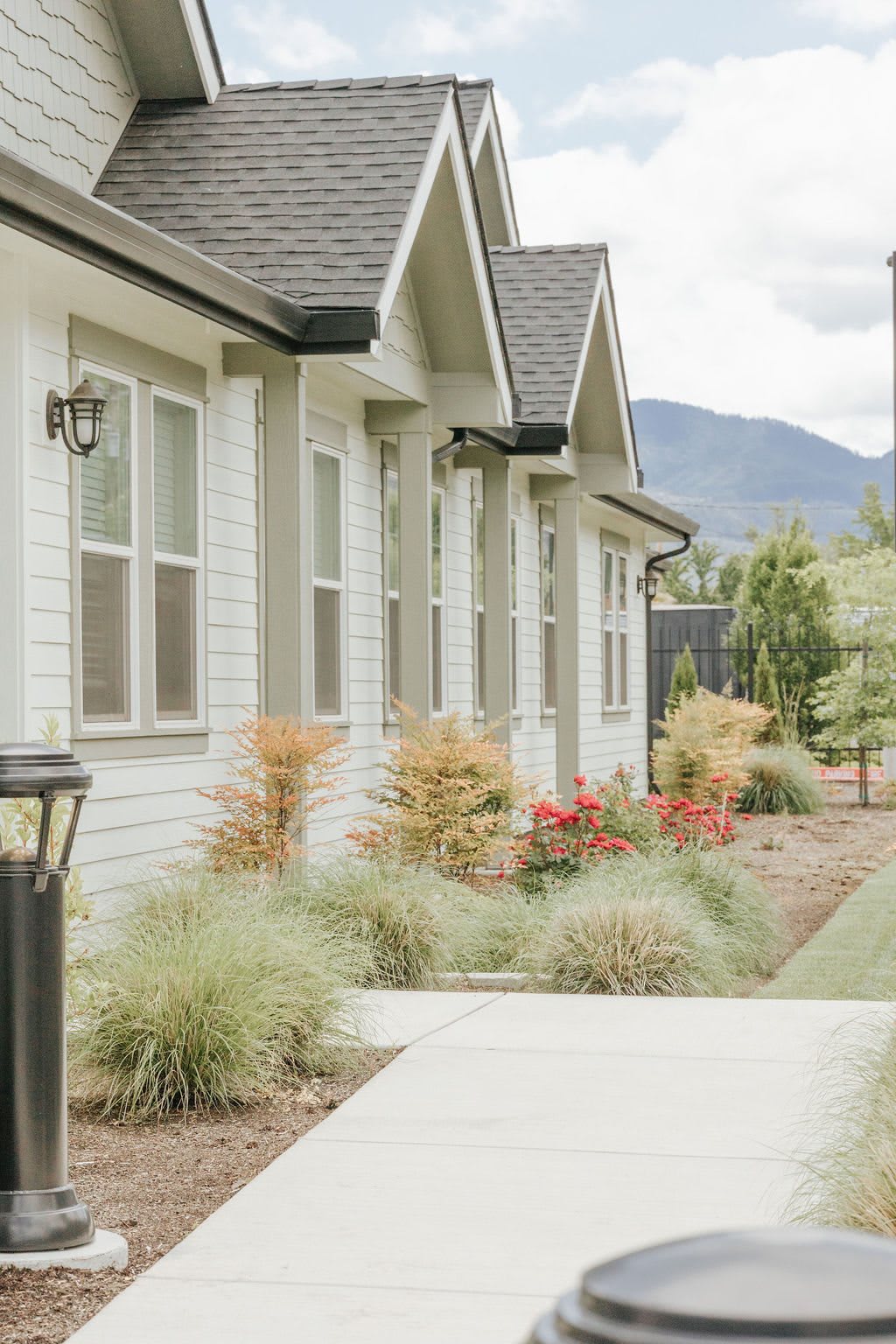 A row of houses with landscaped gardens and a view of distant mountains.