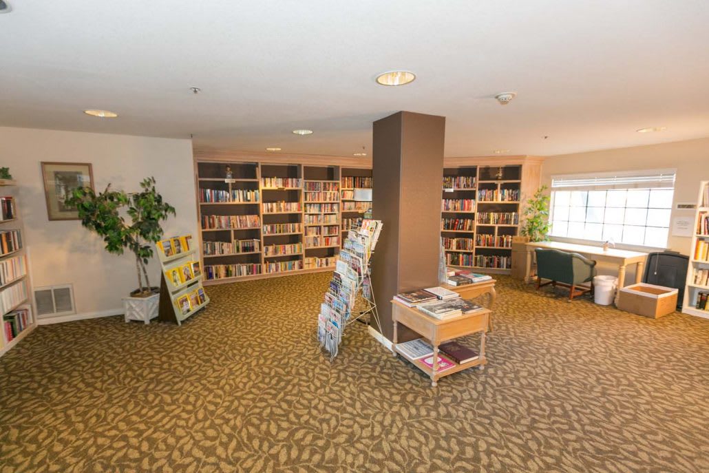 A cozy library with bookshelves filled with books and a comfortable reading area.