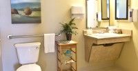 A tidy bathroom featuring a toilet, sink, and decorative plant.