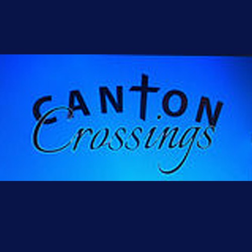 A logo with the words 'Canton Crossings' featuring a cross in place of the 'T', set against a blue background.