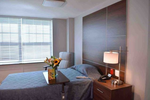 A hospital room with a bed, nightstand, and vase of flowers near the window.